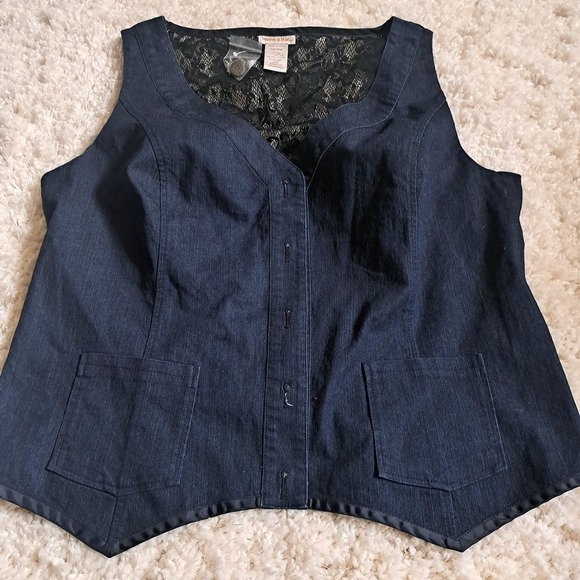 Monroe & Main Jackets & Blazers - Monroe & Main Dark Wash Denim Lace Back Vest Women 18W Sweetheart Neck Button Up